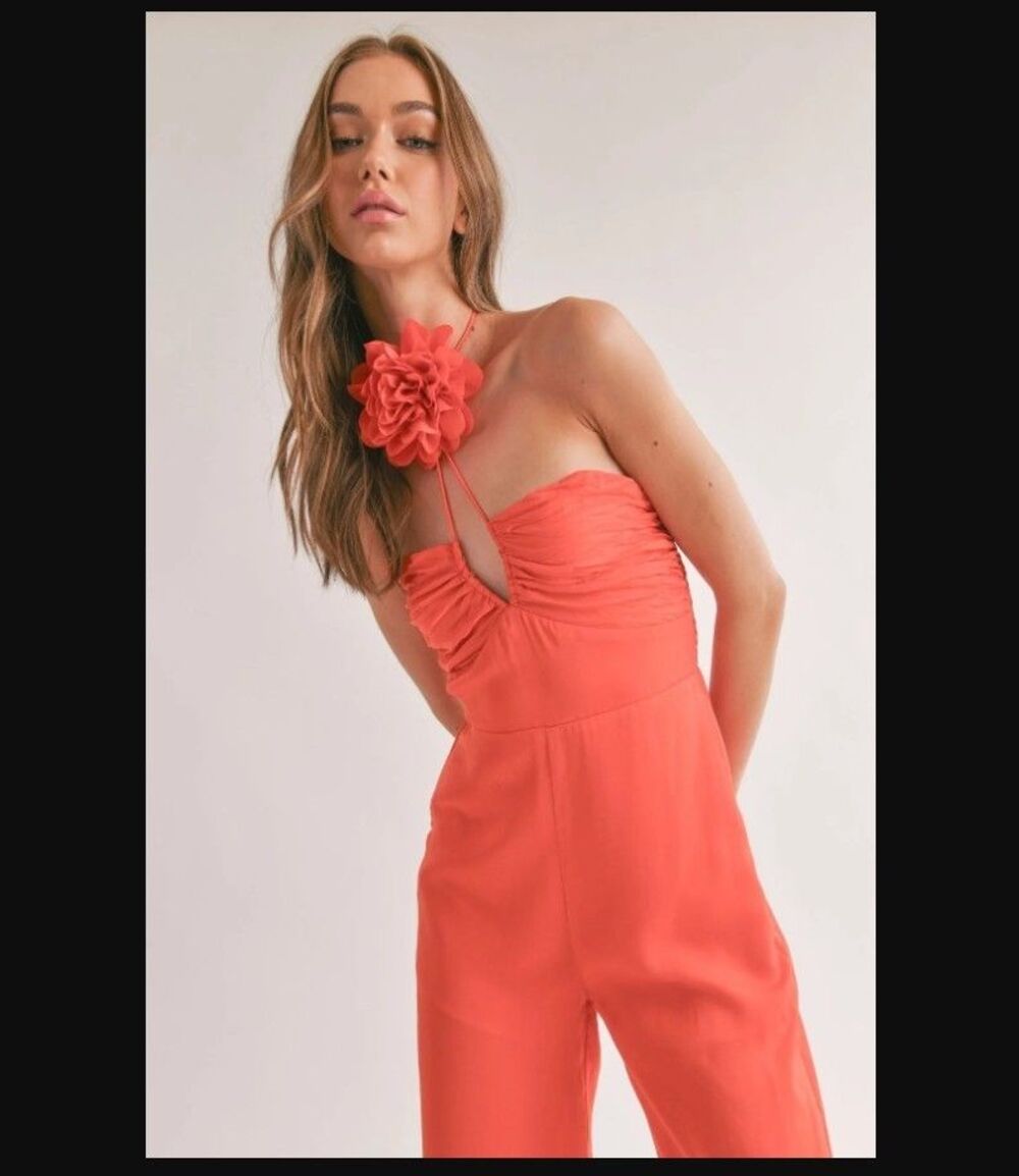 NWT Sage The Label Dream Skies Orange Halter Jumpsuit Detachable Flower- Small - Picture 15 of 16